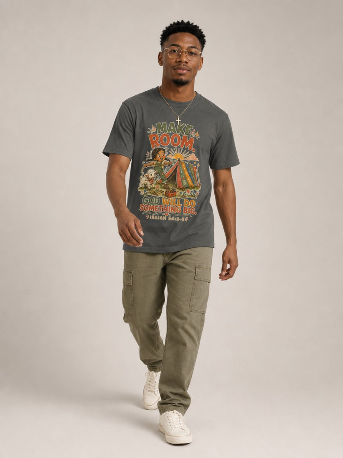 Make Room — God Will Do Something Big Christian T-shirt in Pepper, mid-stride model view
