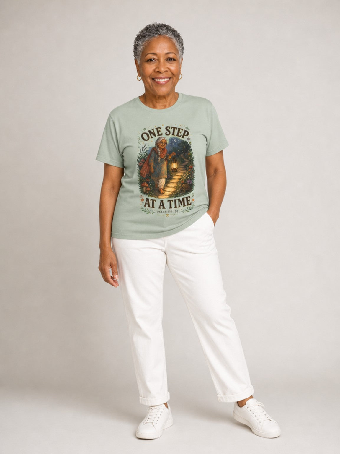 One Step at a Time Christian tee in Bay, standing
