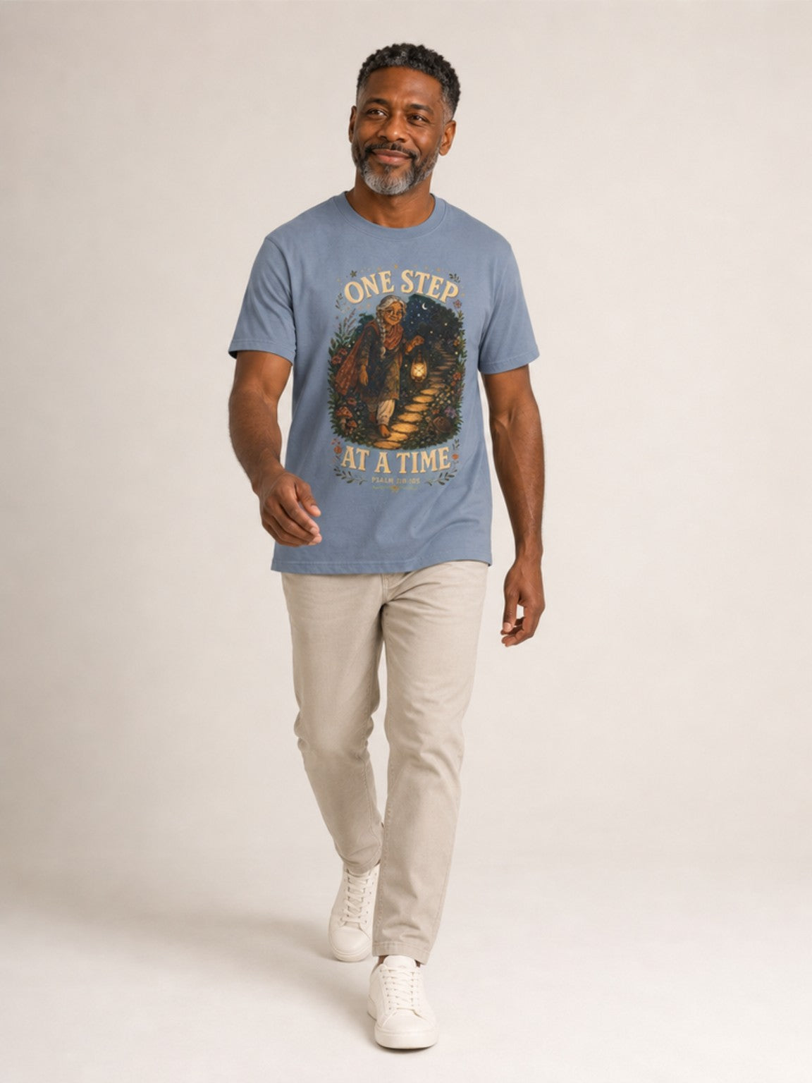 One Step at a Time Christian tee in Blue Jean, walking
