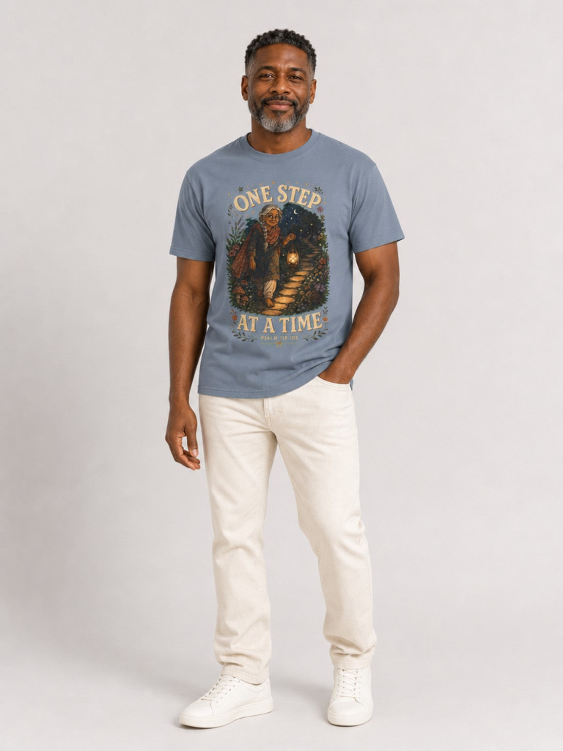 One Step at a Time Christian tee in Blue Jean, standing