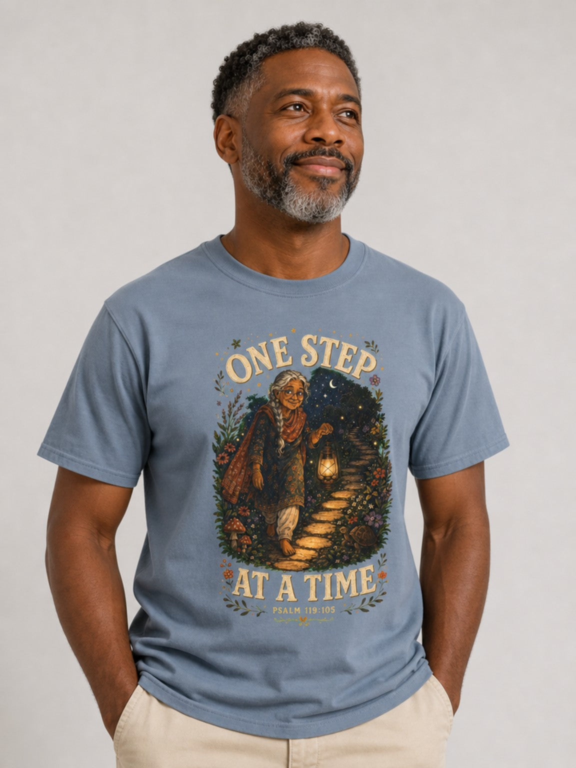One Step at a Time Christian tee in Blue Jean, close-up