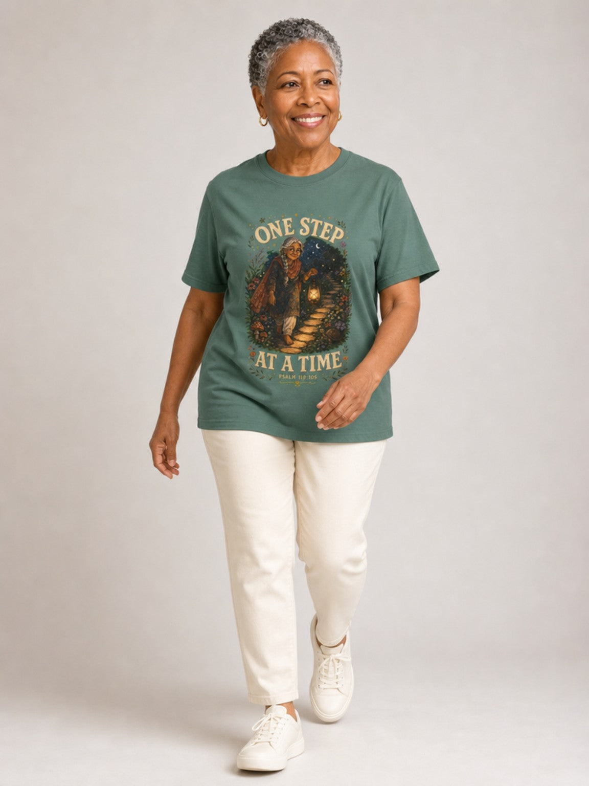 One Step at a Time Christian tee in Blue Spruce, walking