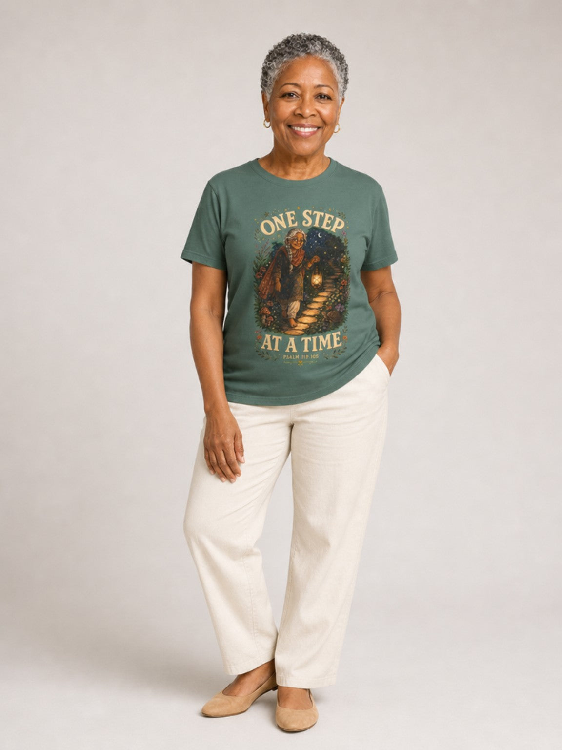 One Step at a Time Christian tee in Blue Spruce, standing