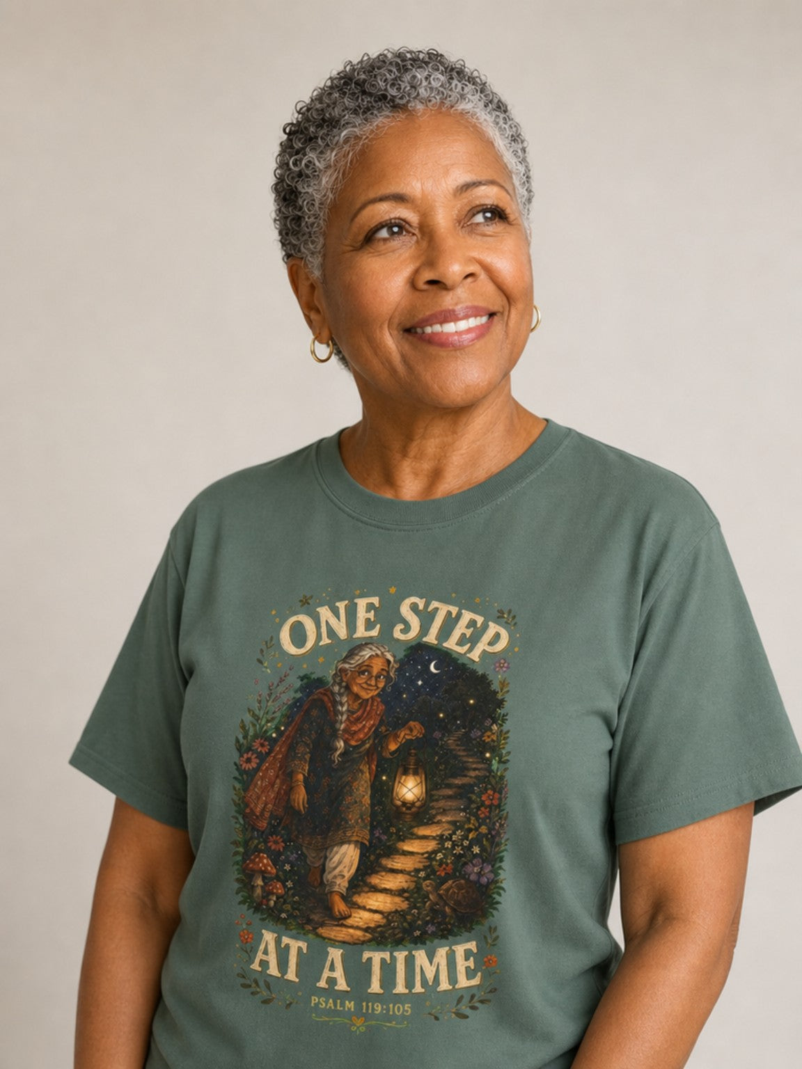 One Step at a Time Christian tee in Blue Spruce, close-up