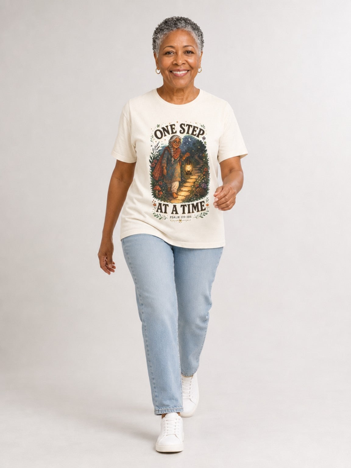 One Step at a Time Christian tee in Ivory, walking