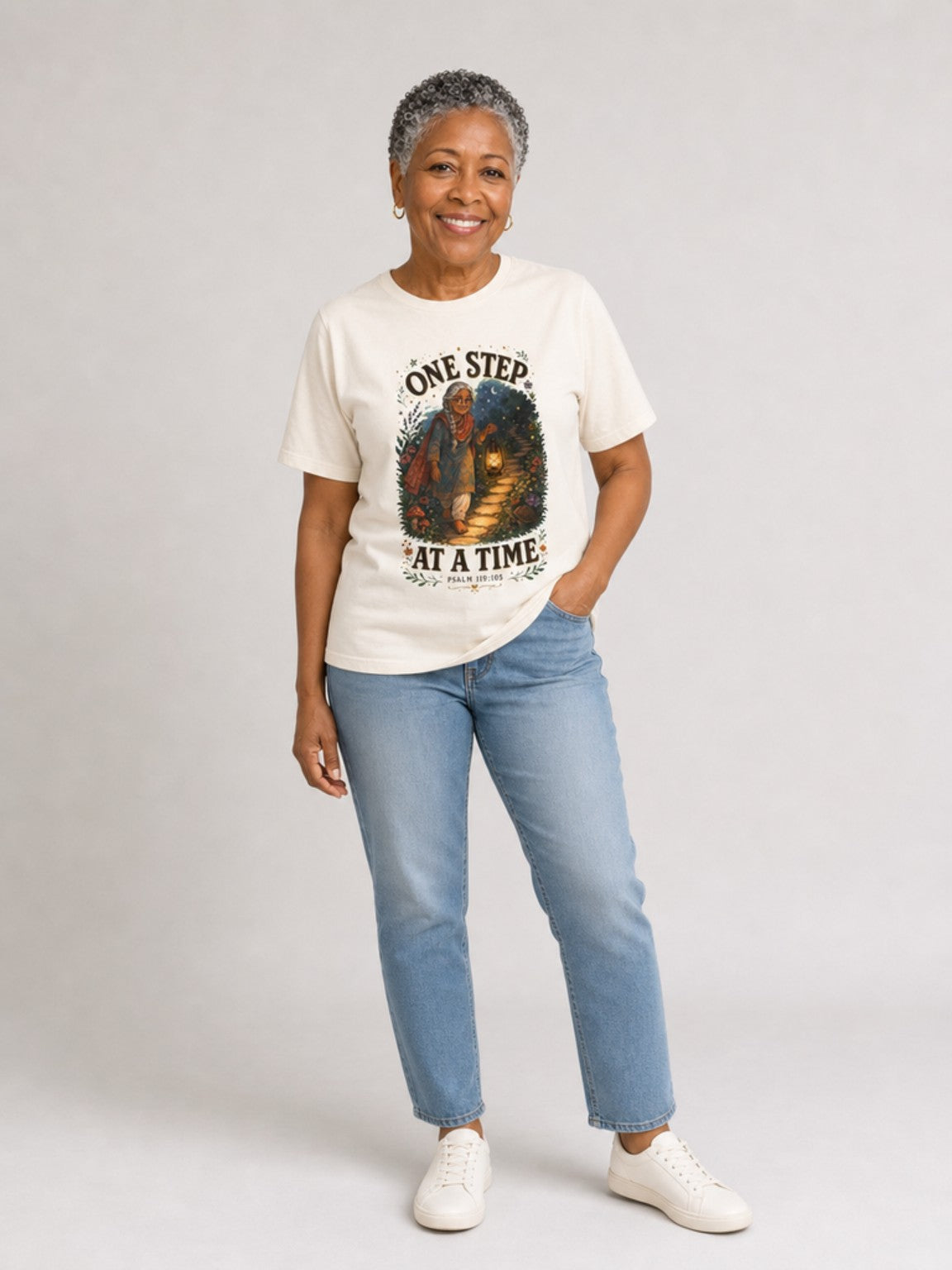 One Step at a Time Christian tee in Ivory, standing