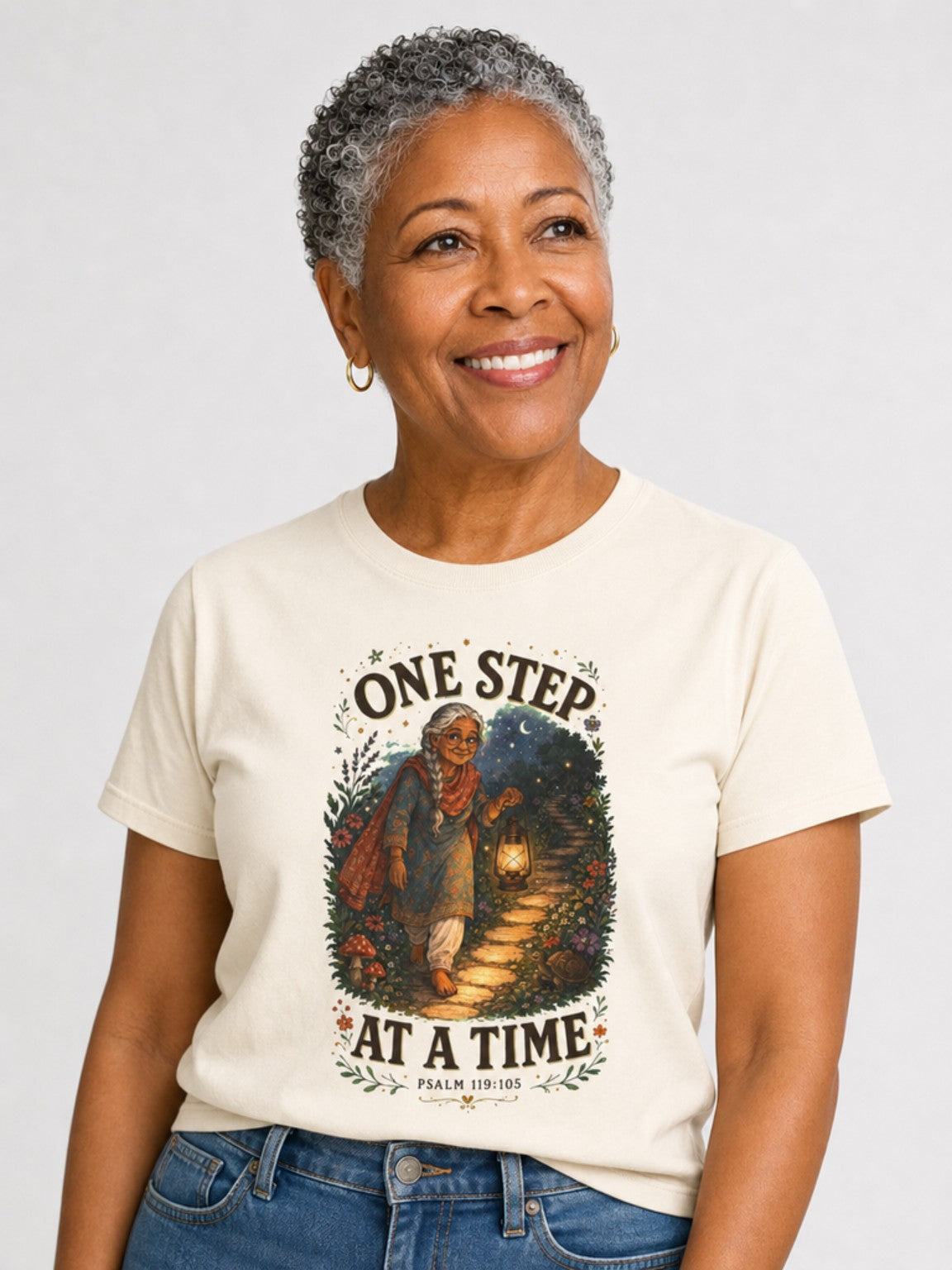 One Step at a Time Christian tee in Ivory, close-up