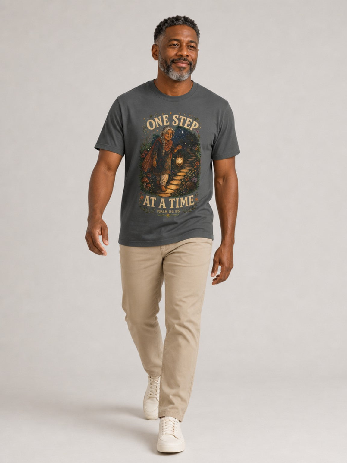 One Step at a Time Christian tee in Pepper, walking