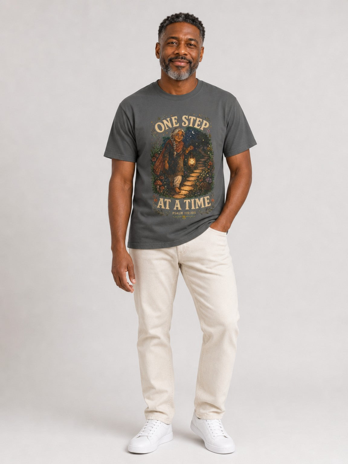 One Step at a Time Christian tee in Pepper, standing