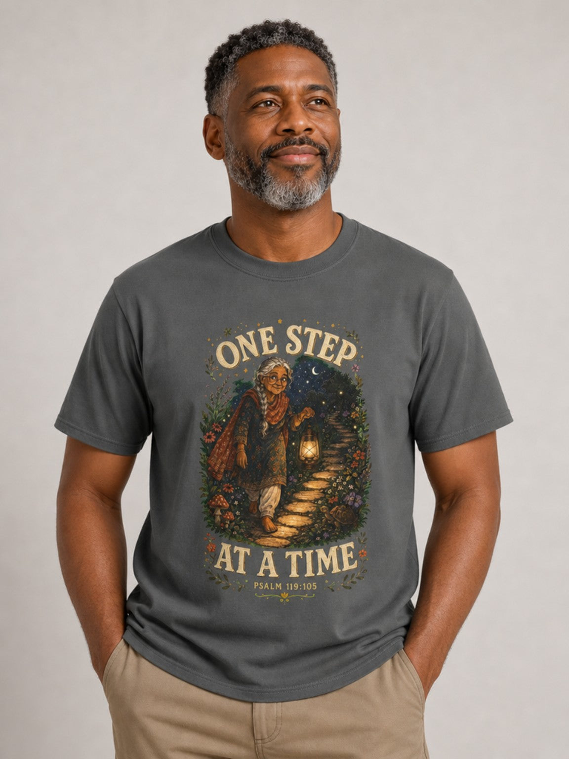 One Step at a Time Christian tee in Pepper, close-up