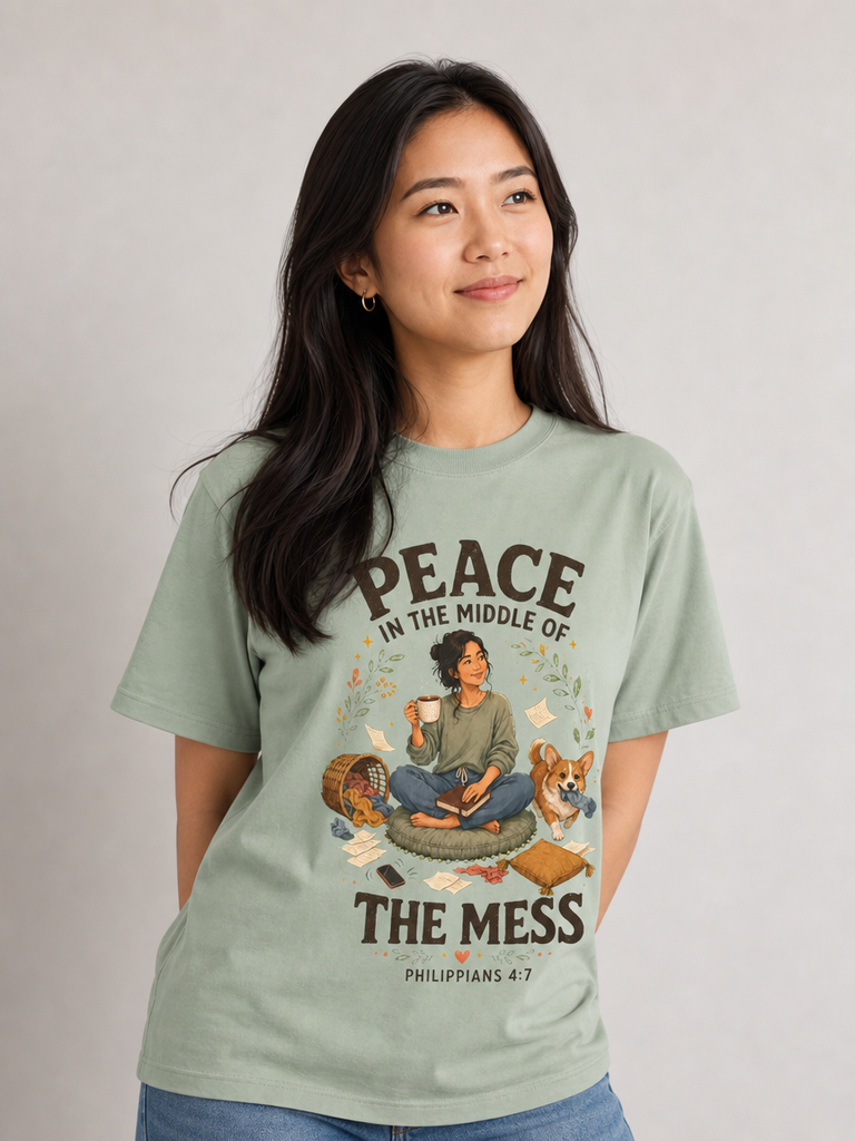 Peace in the Middle of the Mess Christian T-shirt in Bay looking-up close-up