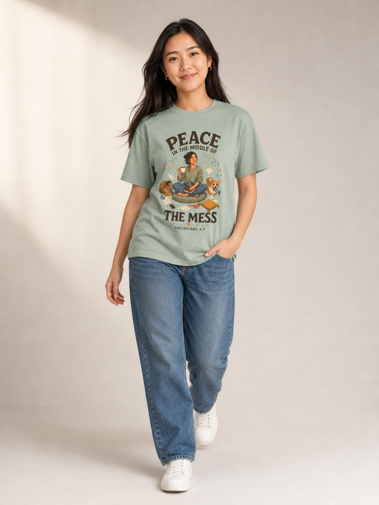 Peace in the Middle of the Mess Christian T-shirt in Bay walking
