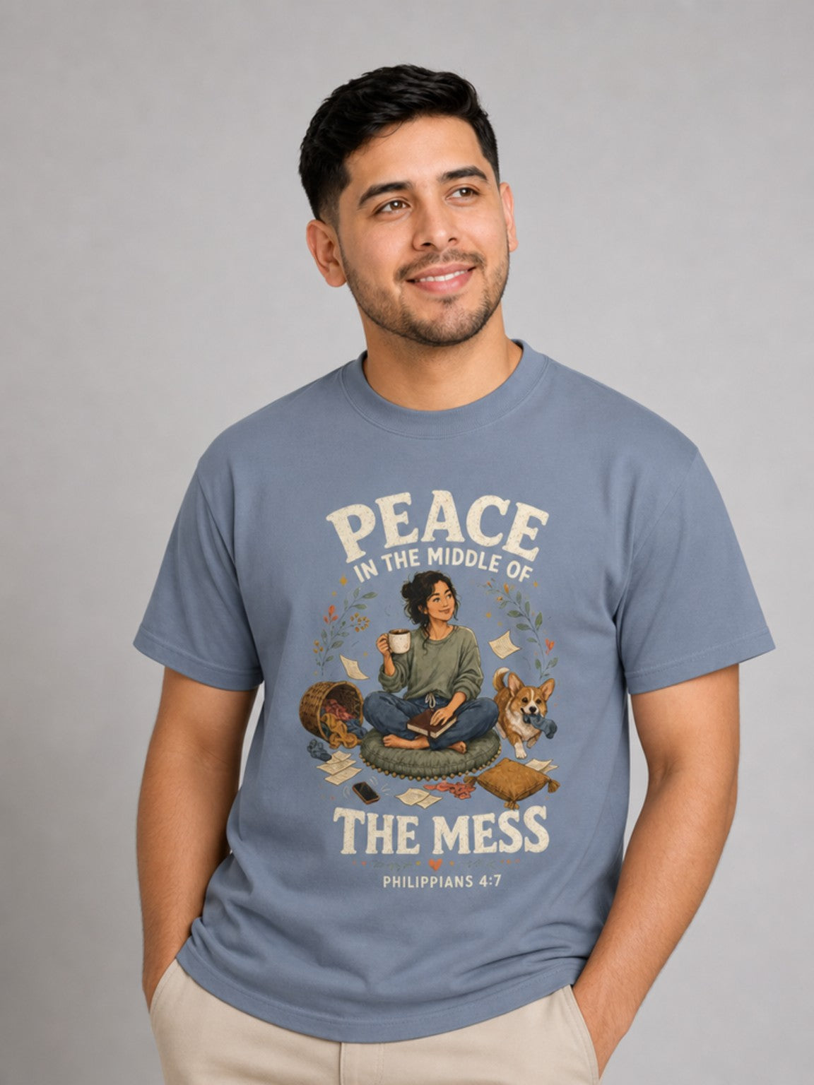 Peace in the Middle of the Mess Christian T-shirt in Blue Jean looking-up close-up