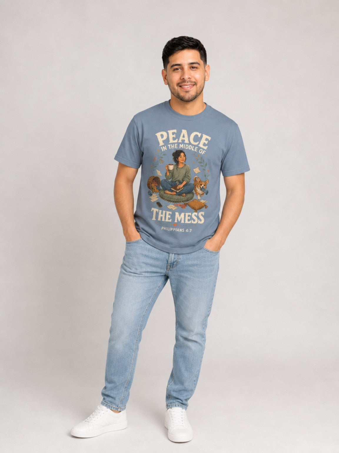 Peace in the Middle of the Mess Christian T-shirt in Blue Jean standing