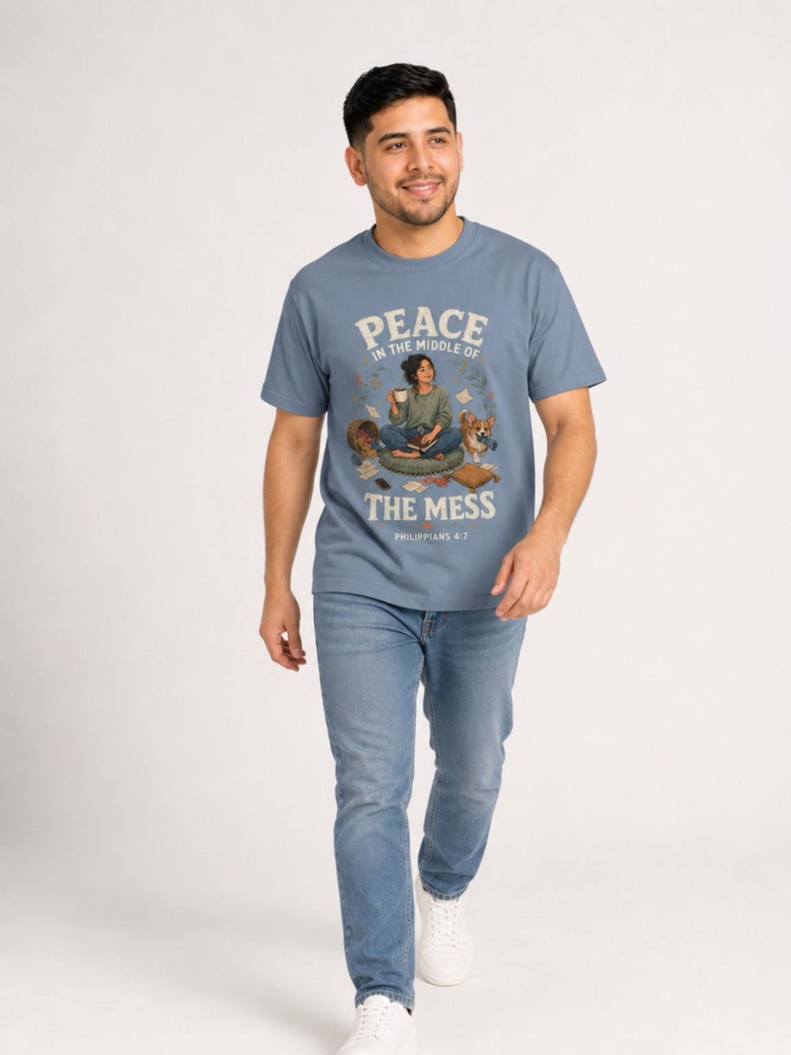 Peace in the Middle of the Mess Christian T-shirt in Blue Jean walking