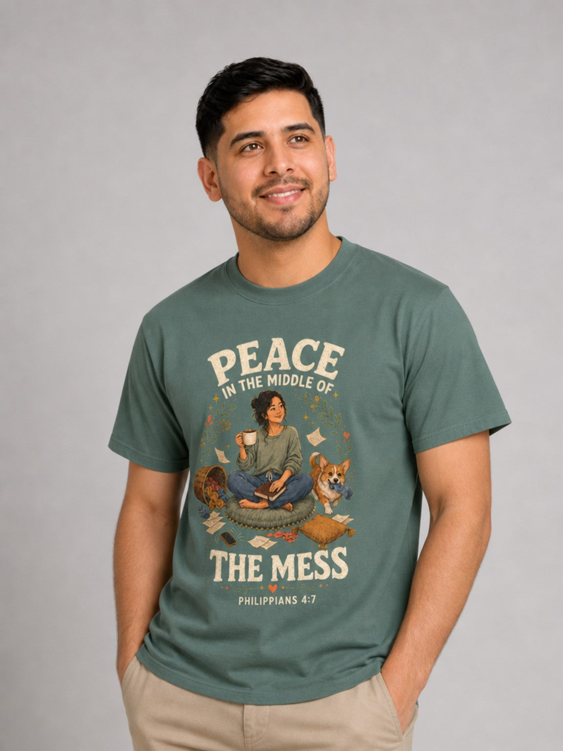 Peace in the Middle of the Mess Christian T-shirt in Blue Spruce looking-up close-up