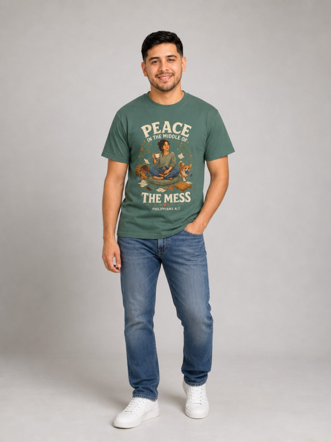 Peace in the Middle of the Mess Christian T-shirt in Blue Spruce standing