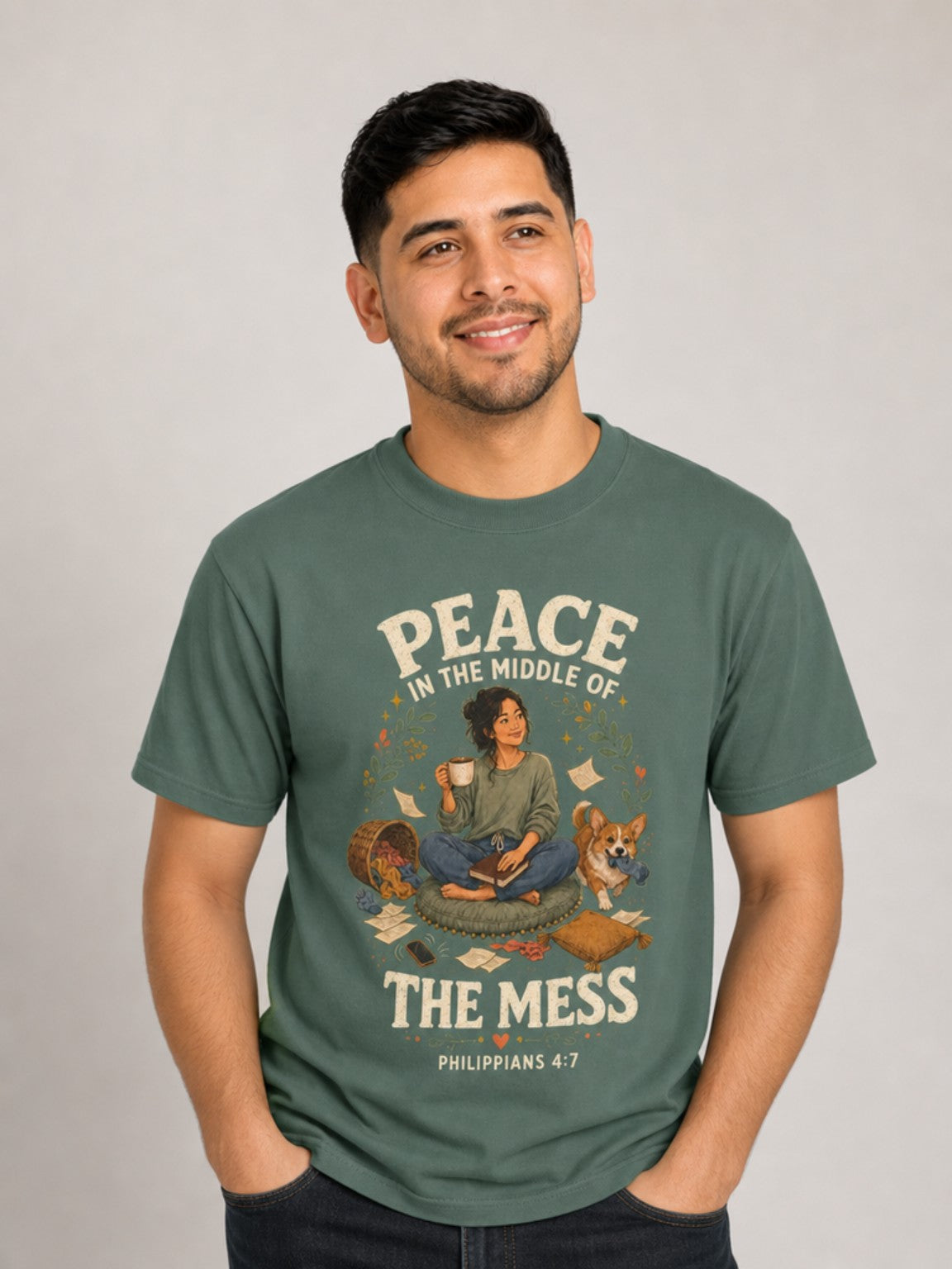 Peace in the Middle of the Mess Christian T-shirt in Blue Spruce walking