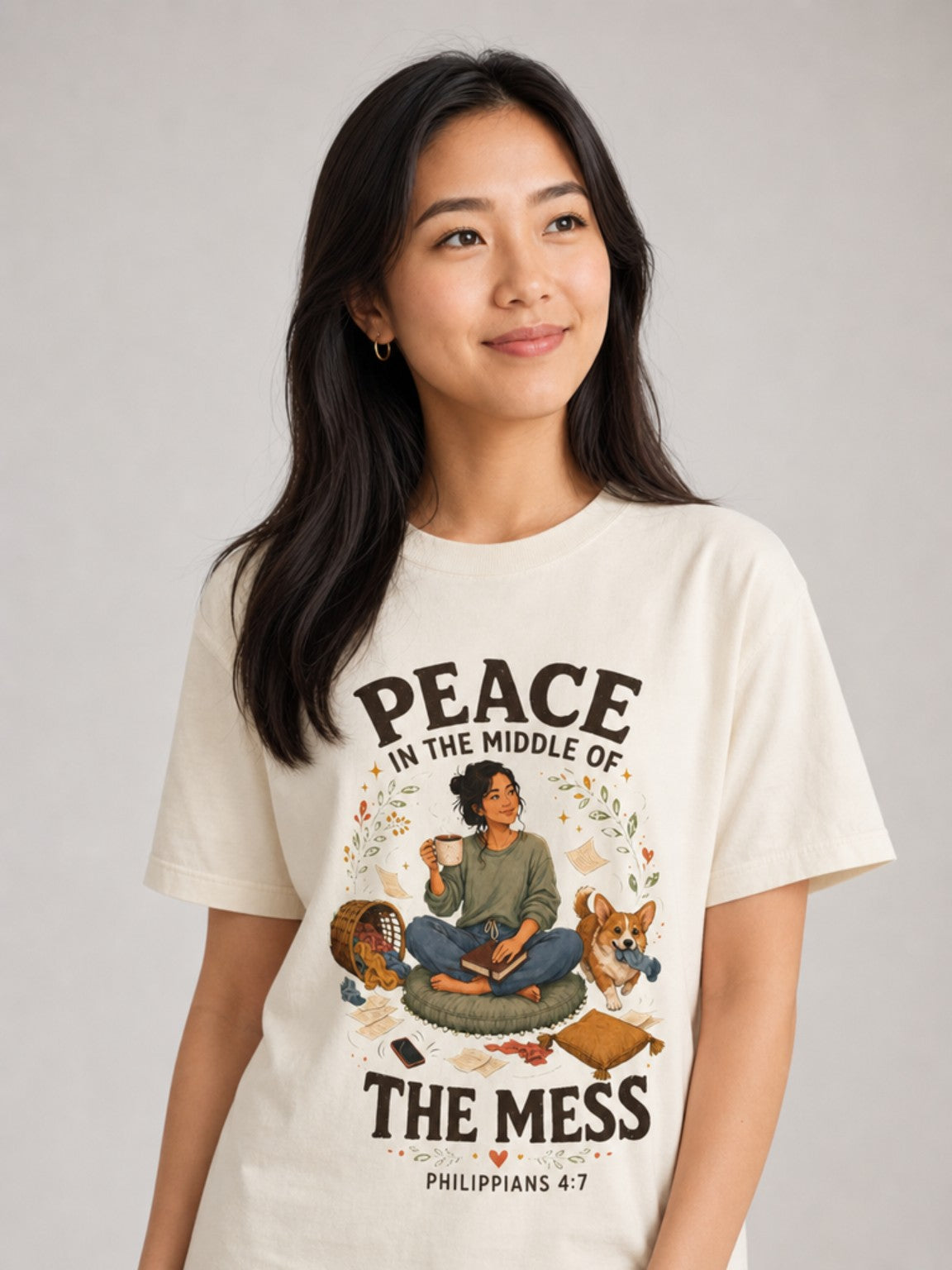 Peace in the Middle of the Mess Christian T-shirt in Ivory looking-up close-up