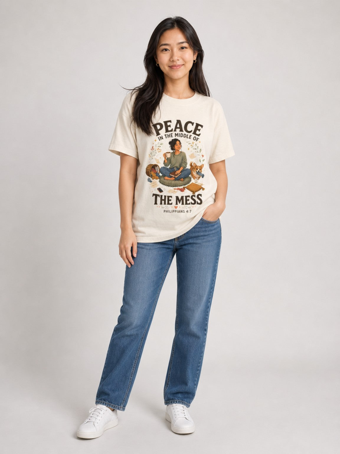 Peace in the Middle of the Mess Christian T-shirt in Ivory standing