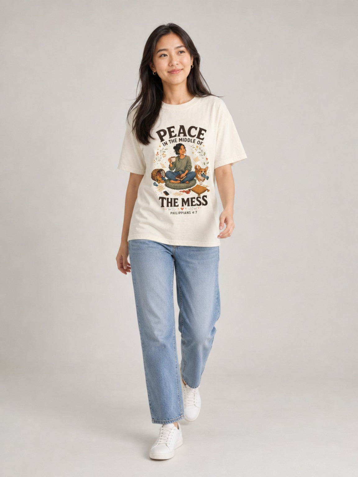 Peace in the Middle of the Mess Christian T-shirt in Ivory walking