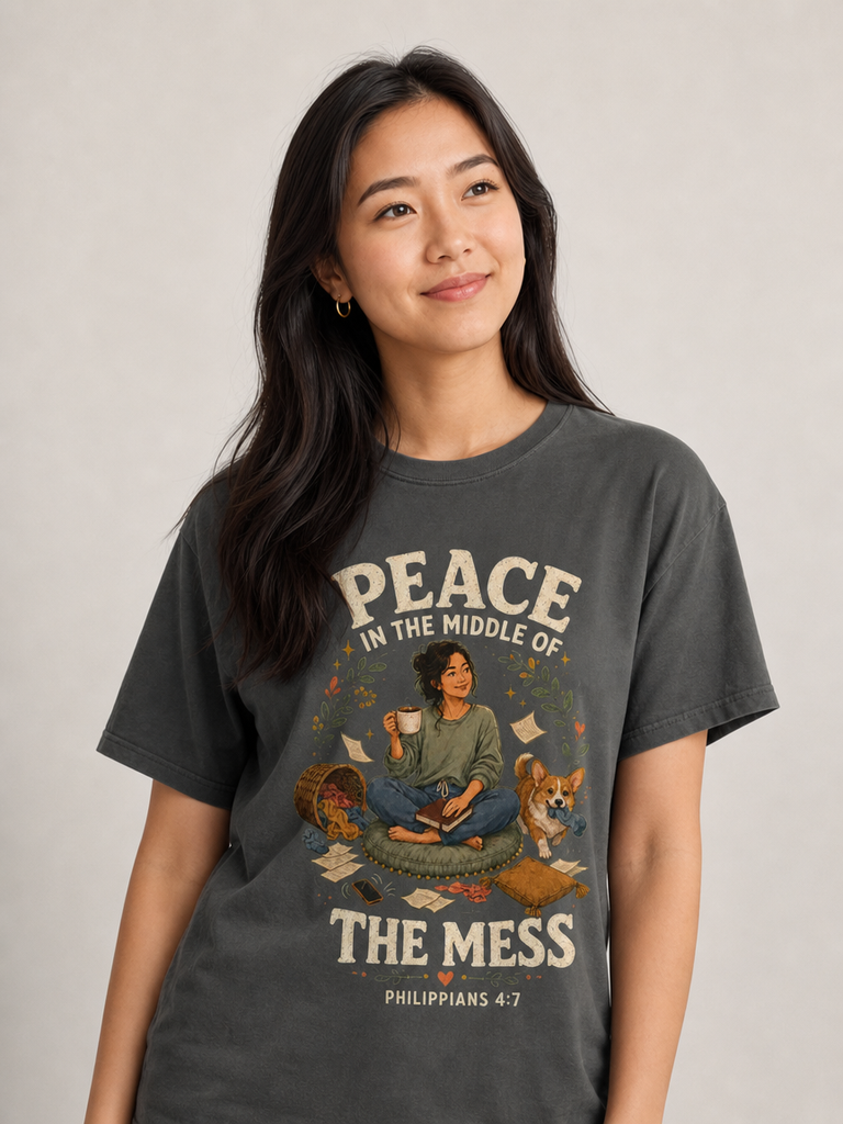 Peace in the Middle of the Mess Christian T-shirt in Pepper looking-up close-up