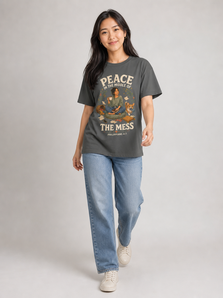 Peace in the Middle of the Mess Christian T-shirt in Pepper walking