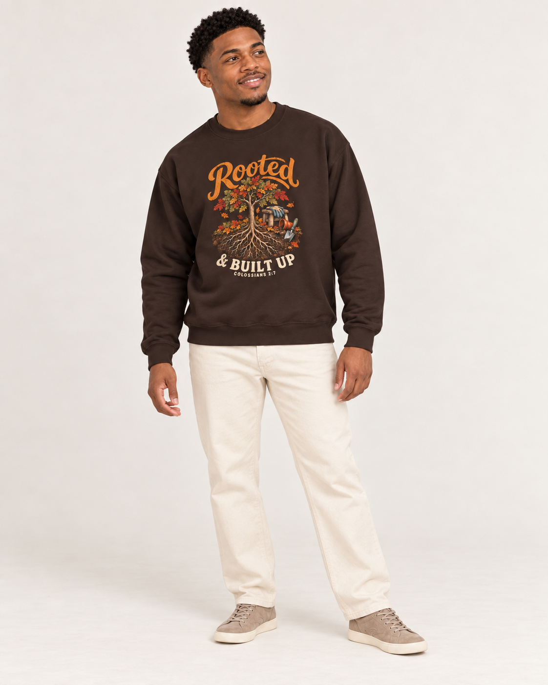 Rooted & Built Up sweatshirt in Dark Chocolate — standing on a model