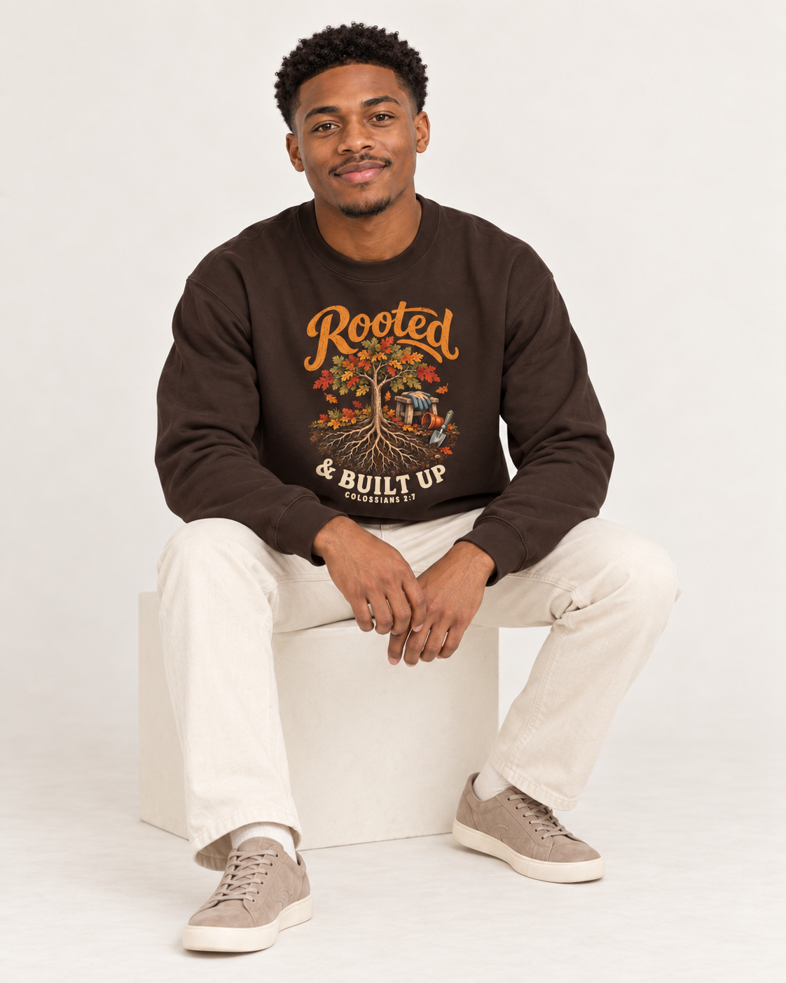Rooted & Built Up sweatshirt in Dark Chocolate — seated on a model