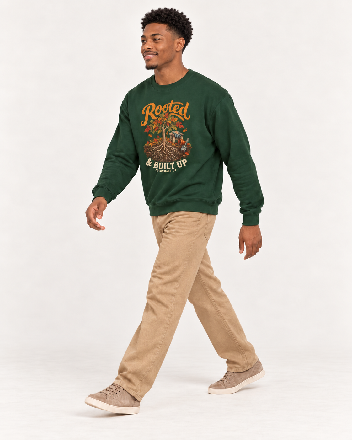 Rooted & Built Up sweatshirt in Forest Green — walking on a model