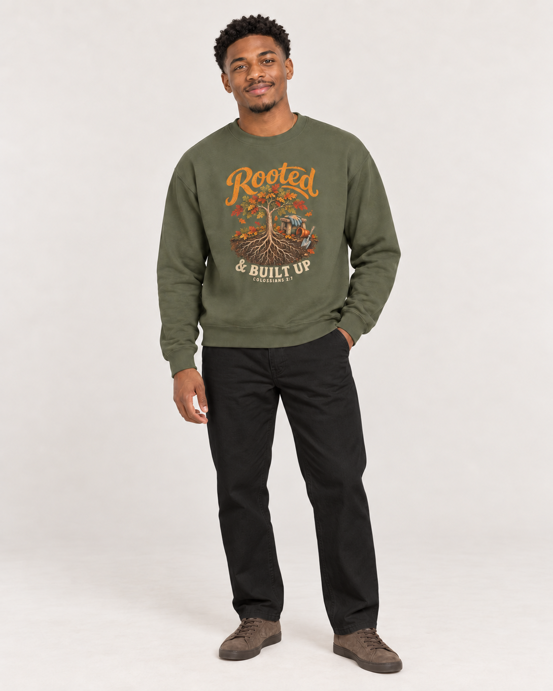 Rooted & Built Up sweatshirt in Military Green — standing on a model