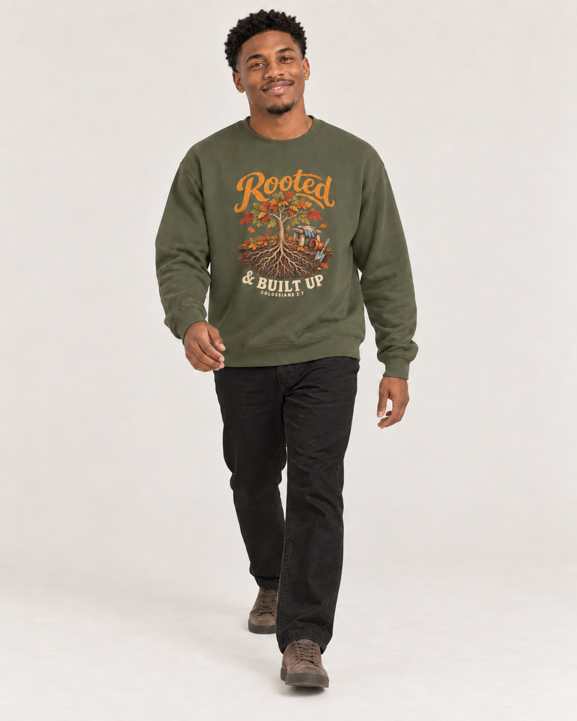 Rooted & Built Up sweatshirt in Military Green — walking on a model