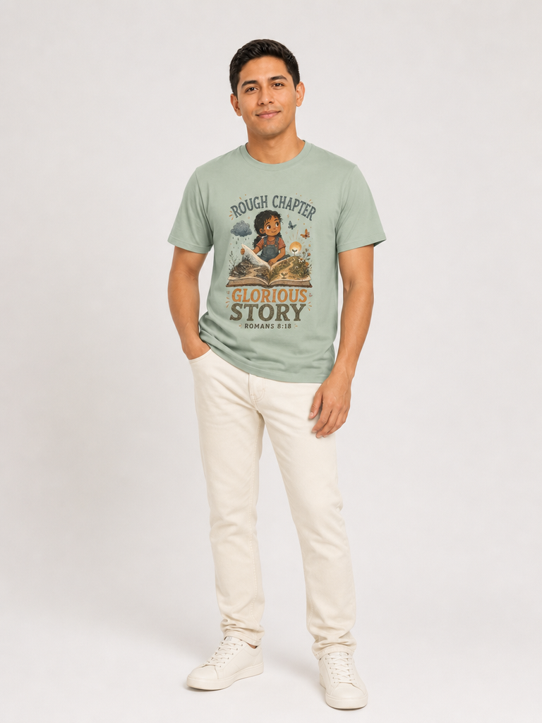 Rough Chapter, Glorious Story Christian T-shirt in Bay, contrapposto model view