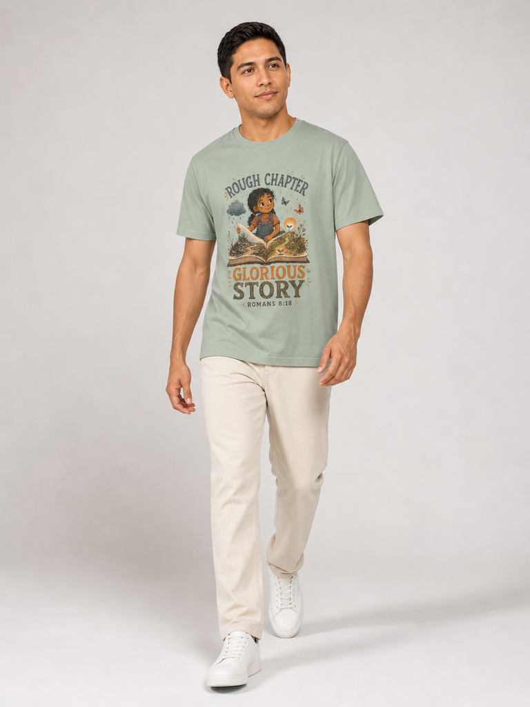 Rough Chapter, Glorious Story Christian T-shirt in Bay, mid-stride model view