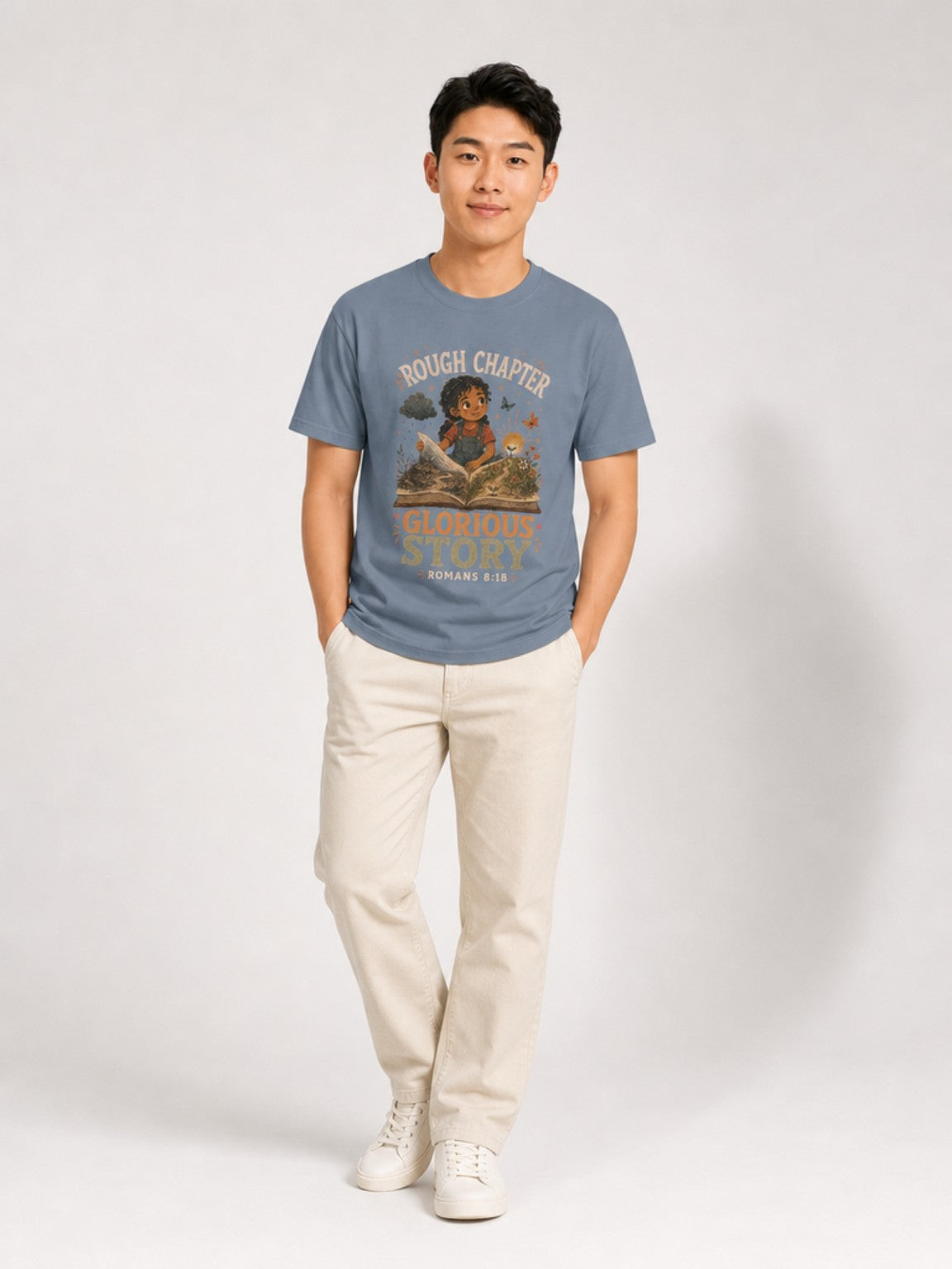 Rough Chapter, Glorious Story Christian T-shirt in Blue Jean, contrapposto model view