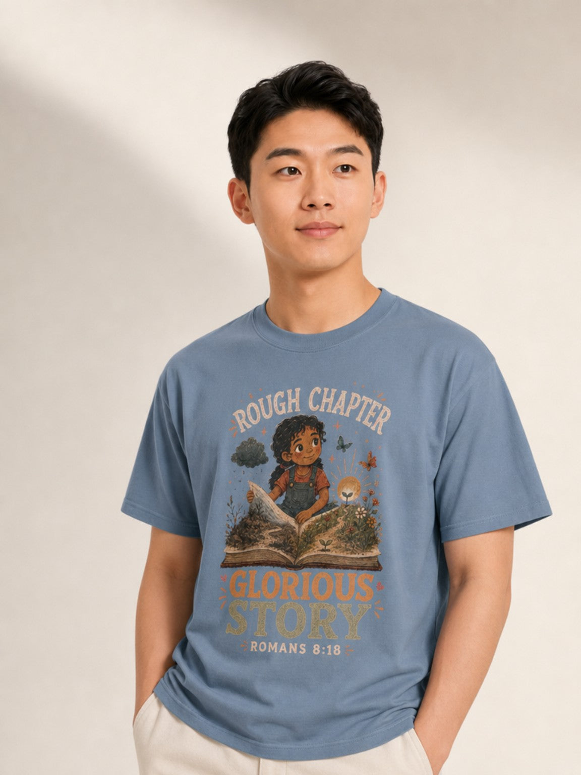 Rough Chapter, Glorious Story tee - Blue Jean - looking up