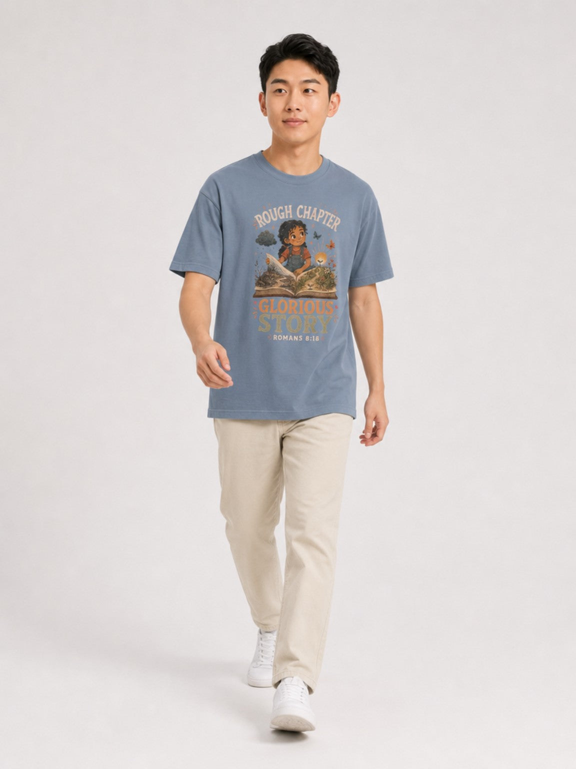 Rough Chapter, Glorious Story Christian T-shirt in Blue Jean, mid-stride model view