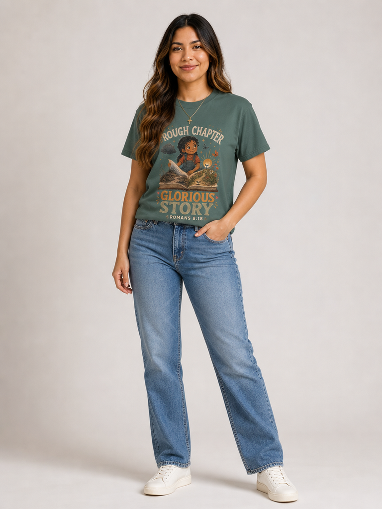 Rough Chapter, Glorious Story Christian T-shirt in Blue Spruce, contrapposto model view