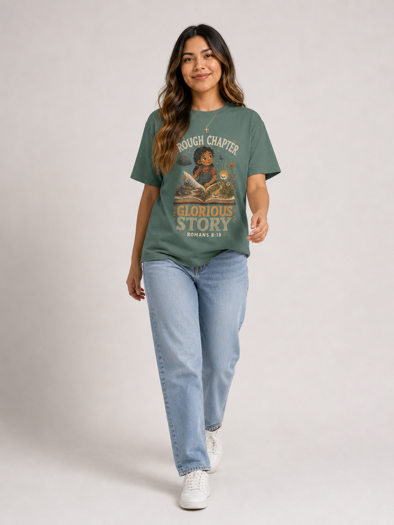 Rough Chapter, Glorious Story Christian T-shirt in Blue Spruce, mid-stride model view