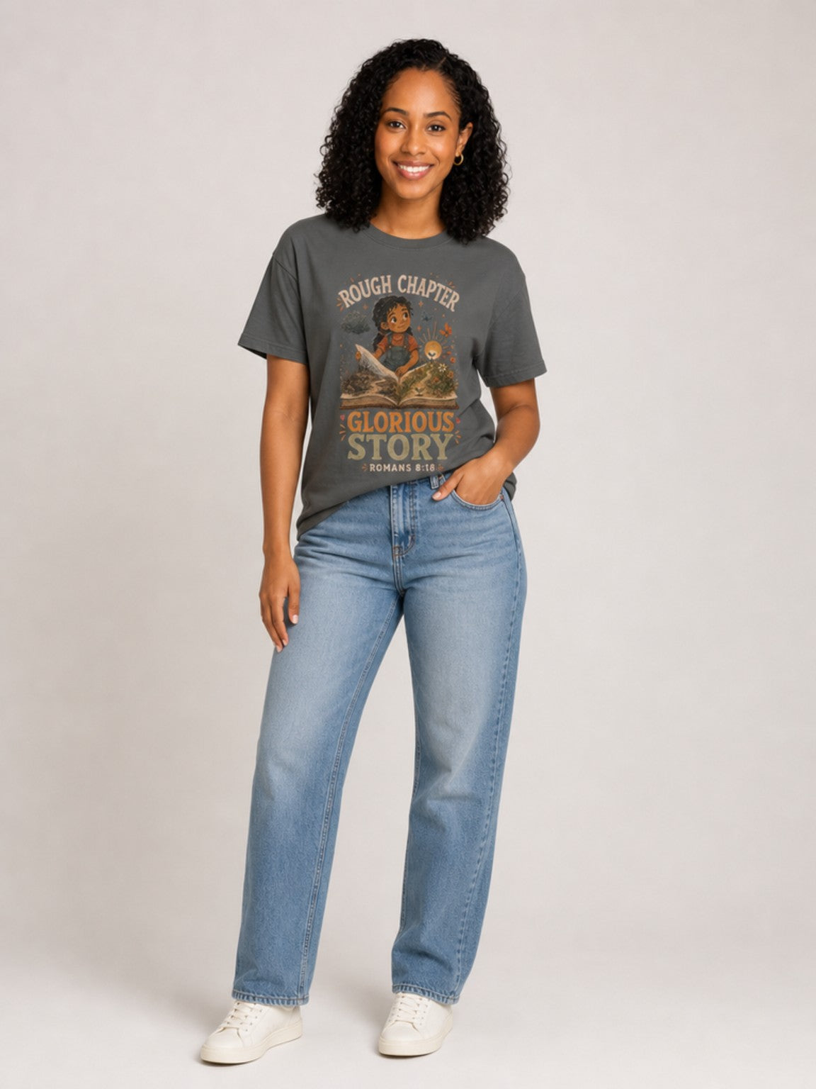 Rough Chapter, Glorious Story Christian T-shirt in Pepper, contrapposto model view