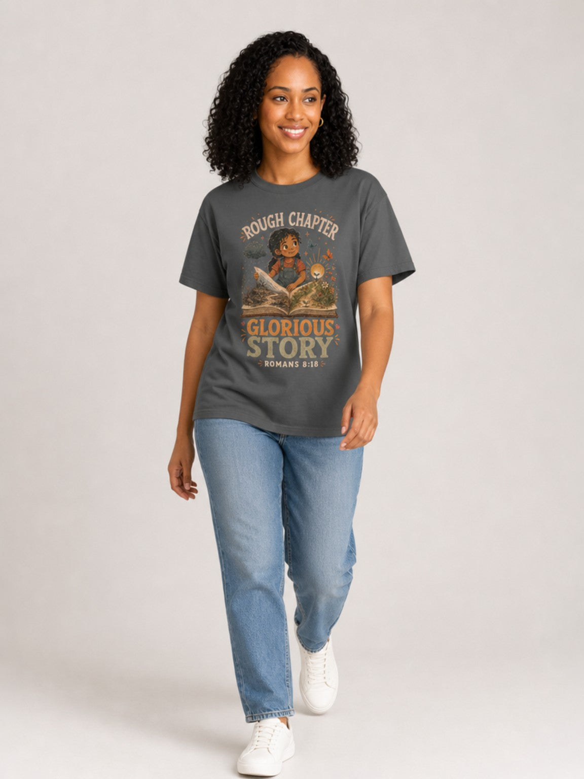Rough Chapter, Glorious Story Christian T-shirt in Pepper, mid-stride model view