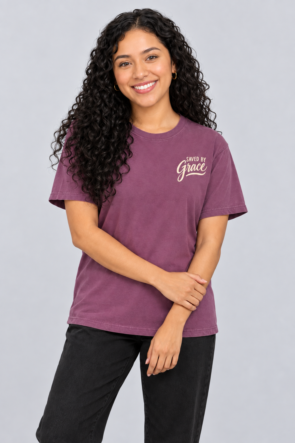 Saved by Grace Tee — Berry — standing