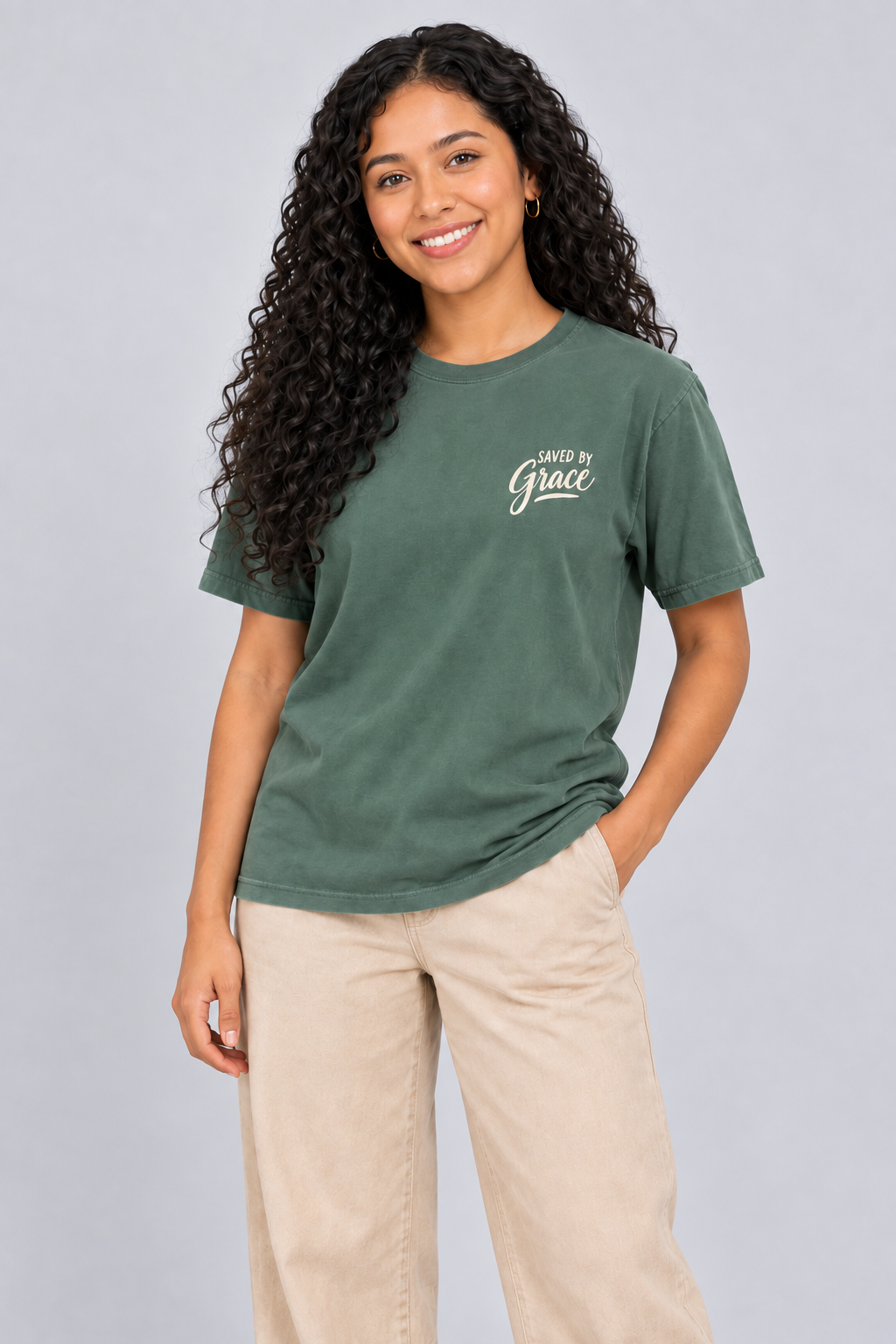 Saved by Grace Tee — Blue Spruce — standing