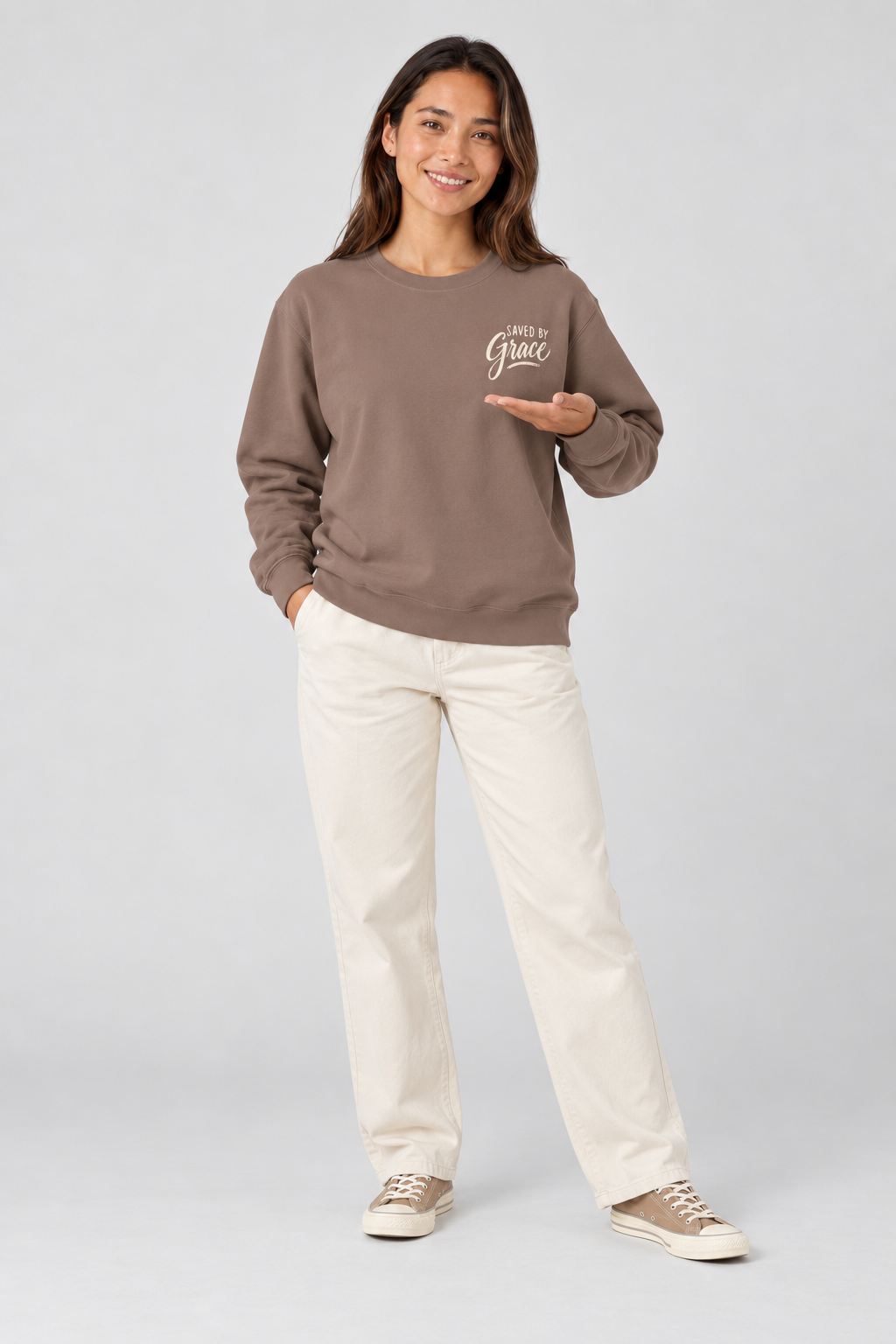 Saved by Grace Sweatshirt in Espresso — standing front view.