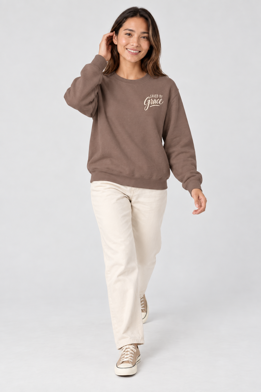 Saved by Grace Sweatshirt in Espresso — relaxed lifestyle pose.