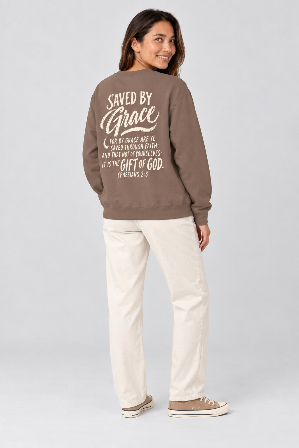 Saved by Grace Sweatshirt in Espresso — full back view.