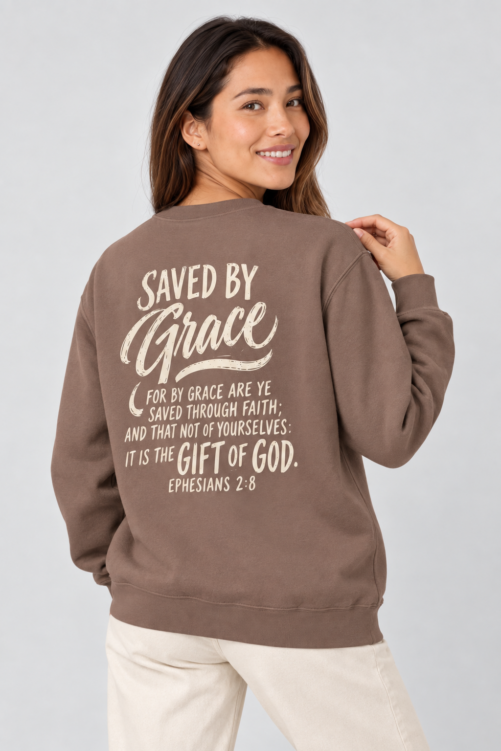 Saved by Grace Sweatshirt in Espresso — back print detail.
