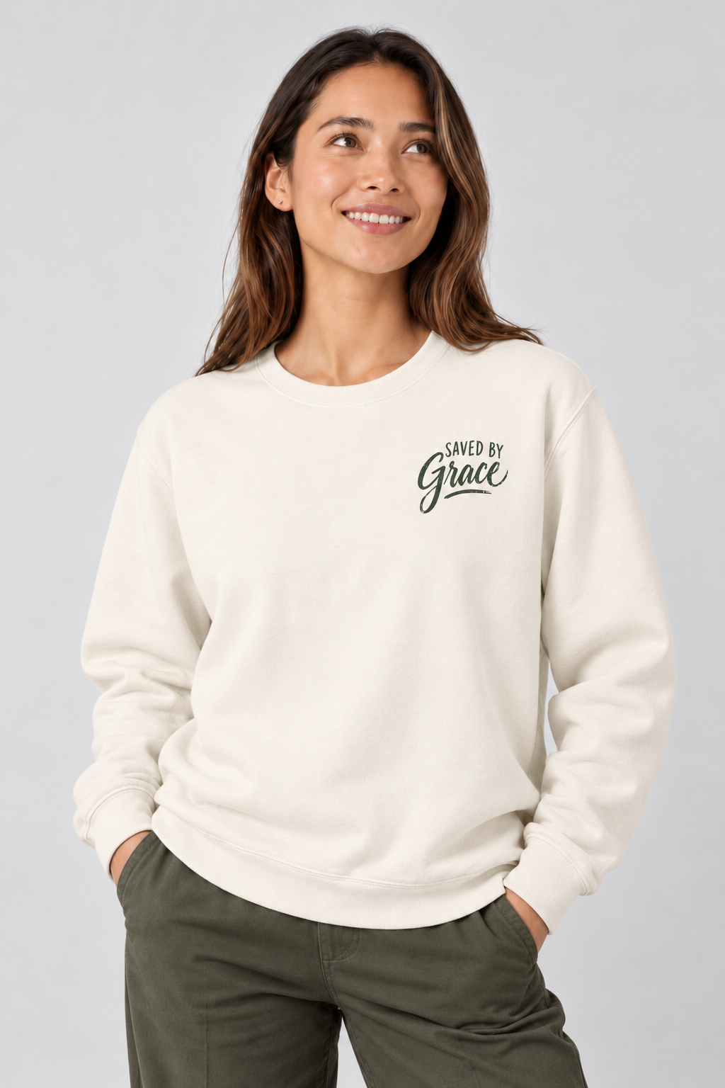 Saved by Grace Sweatshirt in Ivory — front portrait.