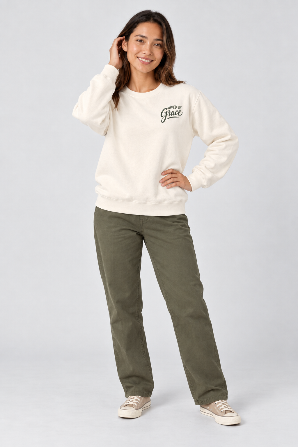 Saved by Grace Sweatshirt in Ivory — standing front view.