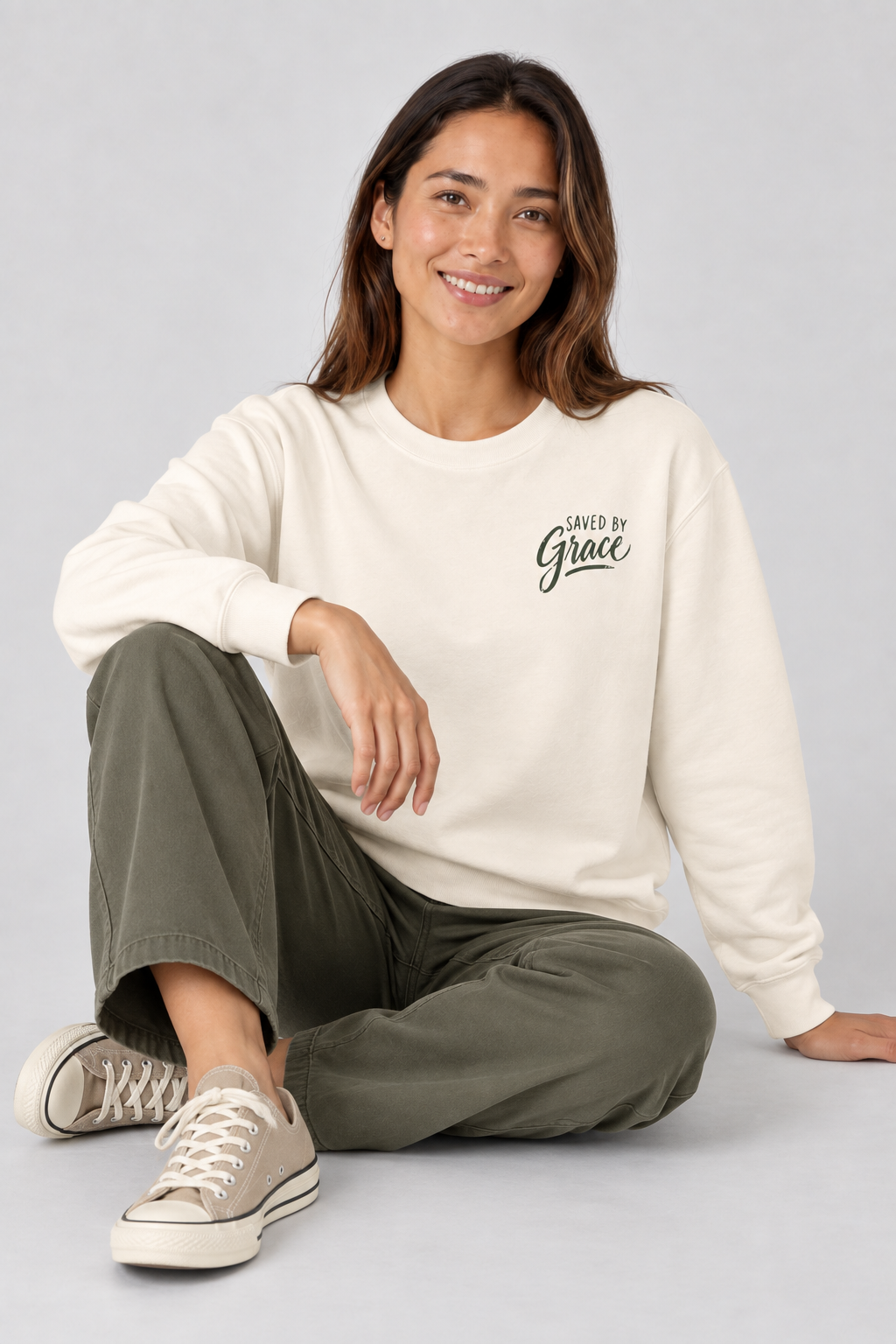 Saved by Grace Sweatshirt in Ivory — relaxed lifestyle pose.